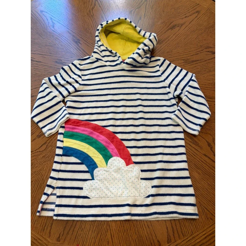 Mini Boden Kids Rainbow Stripe Hooded Toweling Beach Dress Size 6-7Y